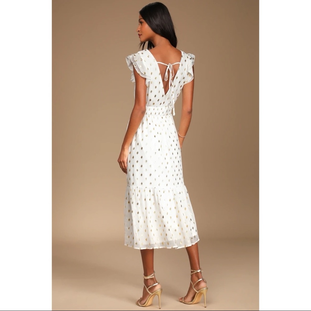 NWOT Lulus Cause to Celebrate White and Gold Dot Ruffled Tiered Midi Dress - Picture 3 of 11